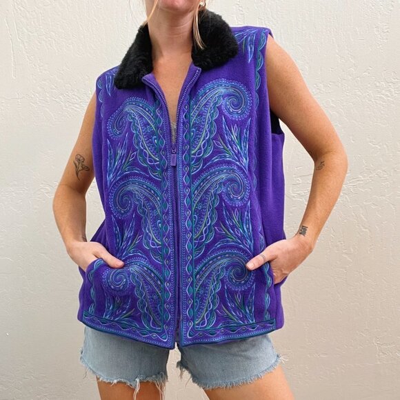 Vintage Jackets & Blazers - Vintage Bob Mackie Purple Embroidered Fur Trim Zip Up Fleece Vest
